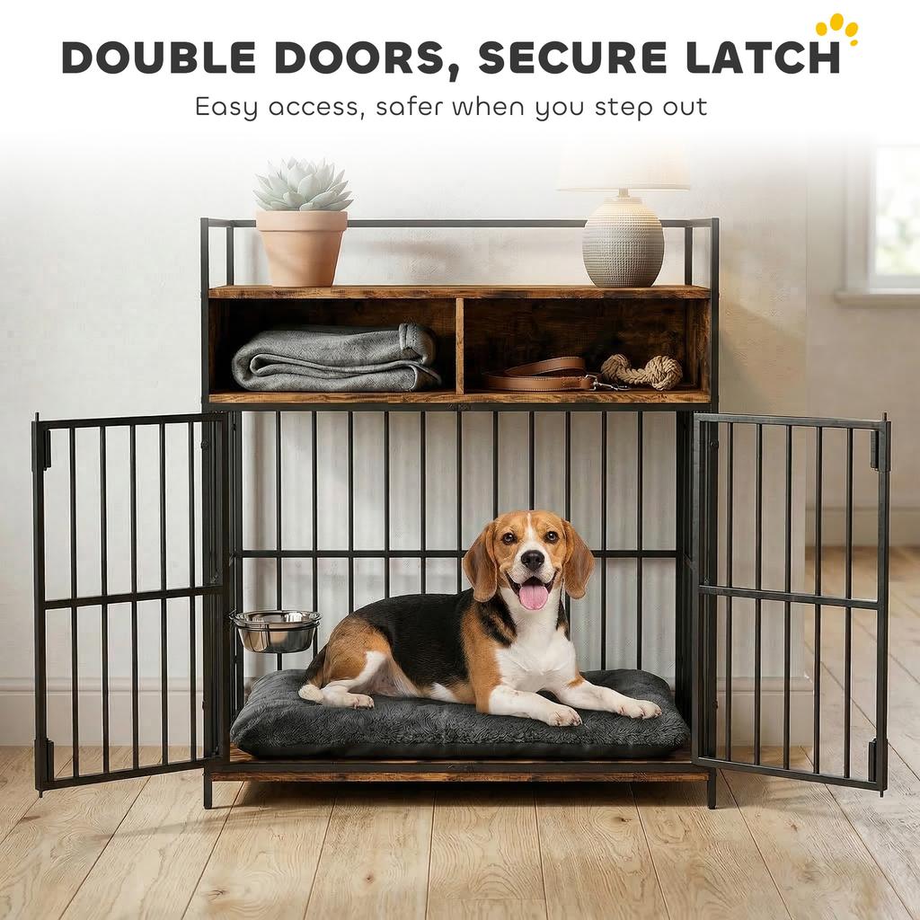 Dog Crate Furniture Dog Cage With Rotatable Feeding Station And Storage Shelves End Side Table Indoor Pet Kennel