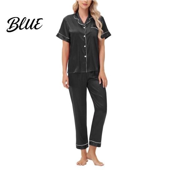 Front Button V-neck Pajamas 2 Pcs/Set Suit Satin Single-breasted Ice Silk Plus Size Cardigan Shirt V Elastic Band Pajama Bottoms Neck Notch