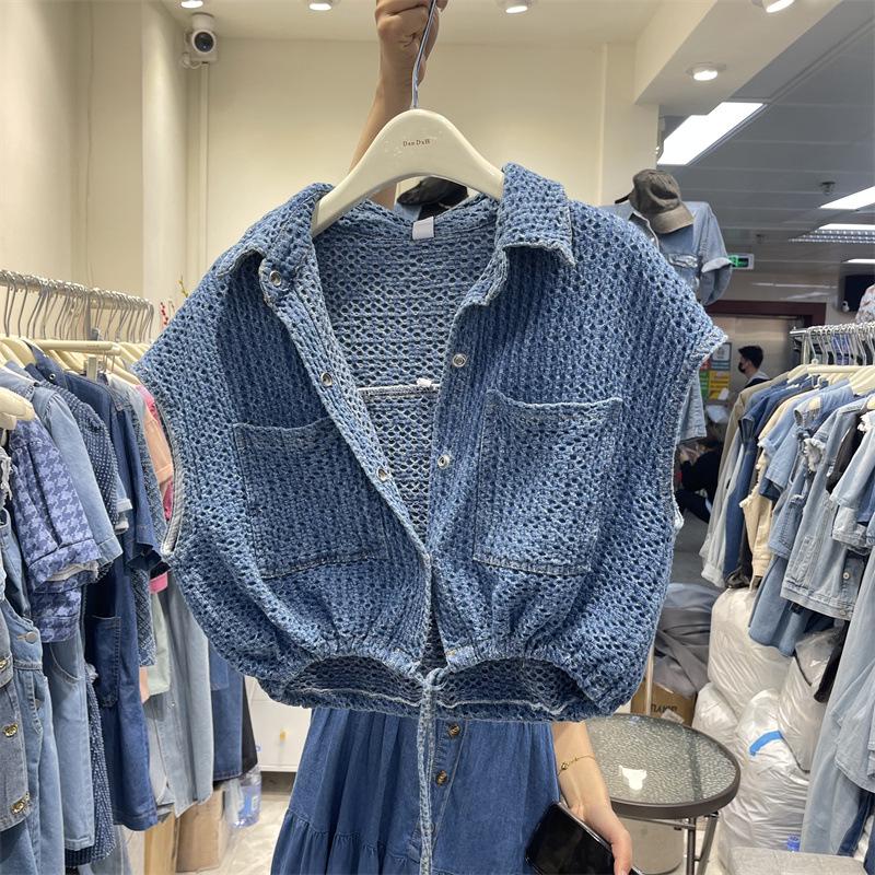 Women's Tweed-Style Denim Vest: Spring/Summer New Arrival, Loose Fit, Drawstring-Cinched Waist, Versatile Trendy Jacket