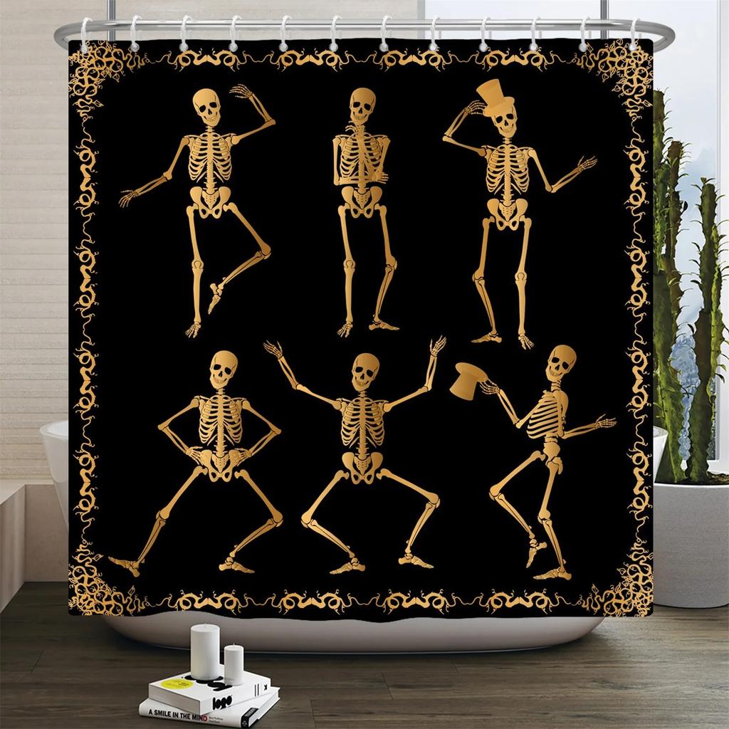 Floral Skull Shower Curtain Mushroom Gothic Halloween Bathroom Decor Curtain Skeleton Butterfly Vintage Artwork Bathtub Curtain