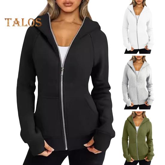Lady Hoodie Jacket Plush-lined Solid Color Zipper Closure with Pockets Elastic Cuffs And Hem Long Sleeves Cardigan Casual Daily Coat