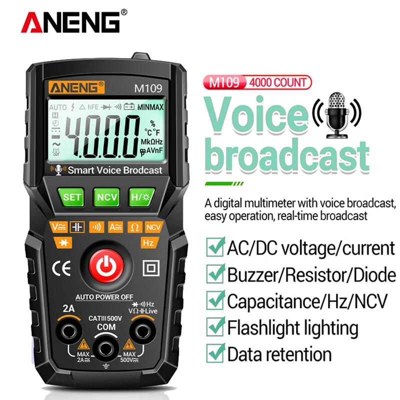 ANENG M109 Smart Multimeter Tester AC/DC Voltage Voice Broadcast Meter NCV Capacitance Continuity Professional Electrical Tools with Digital Display