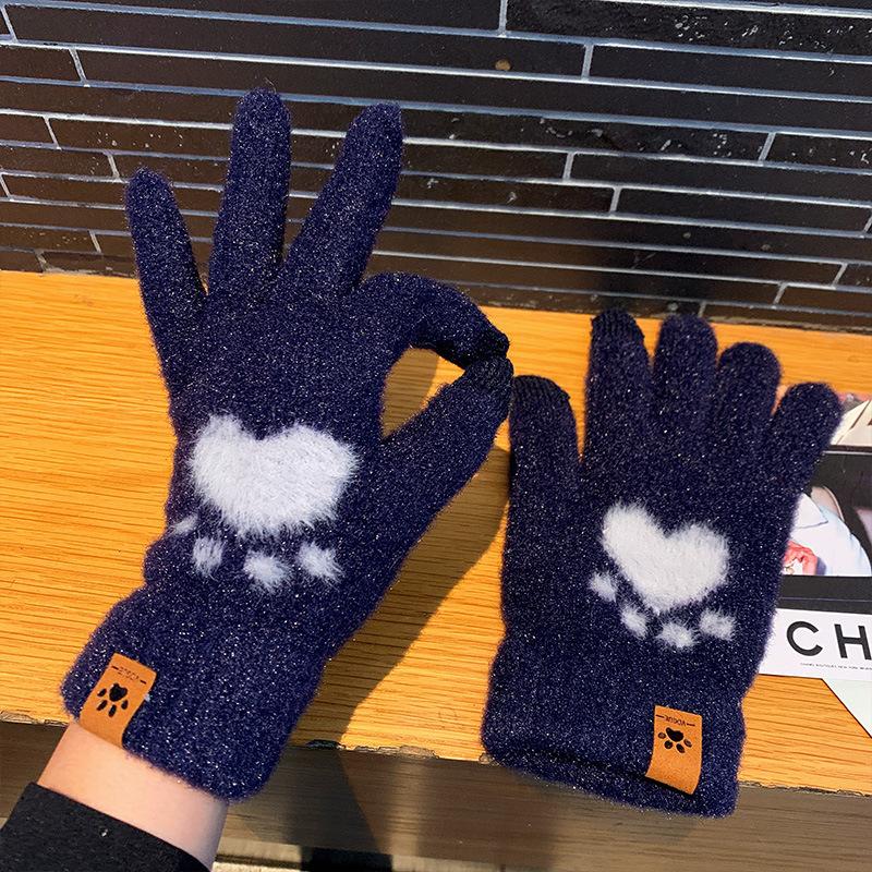 Gloves for Women In Winter, Thickened and Warm, Touch-screen Knitted, Cute, Plush, Wool, Cycling, Cold-proof, Split-fingered Students, Winter