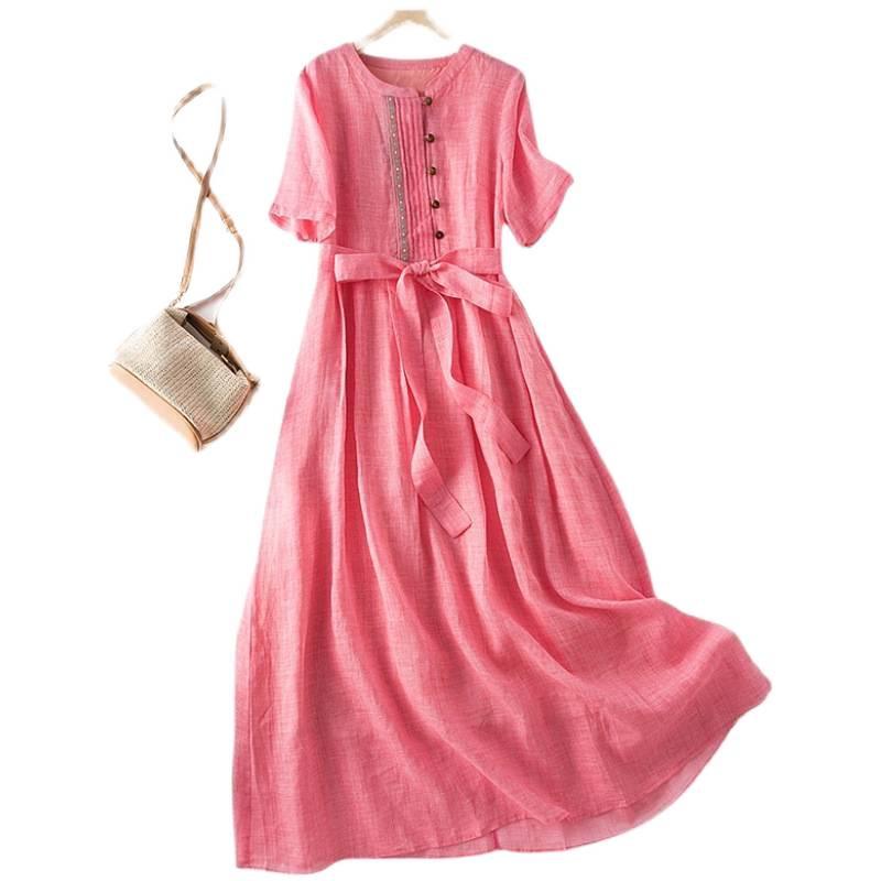 2026 Summer Ethnic Ramie Slim-Fit Long Dress - Women's Waist-Cinching, High-End Style