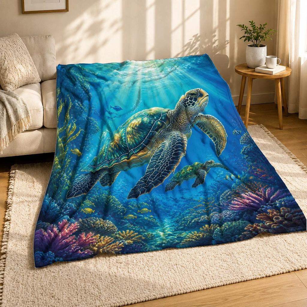 Underwater Sea Turtle Coral Fleece Blanket Marine Wildlife Decor