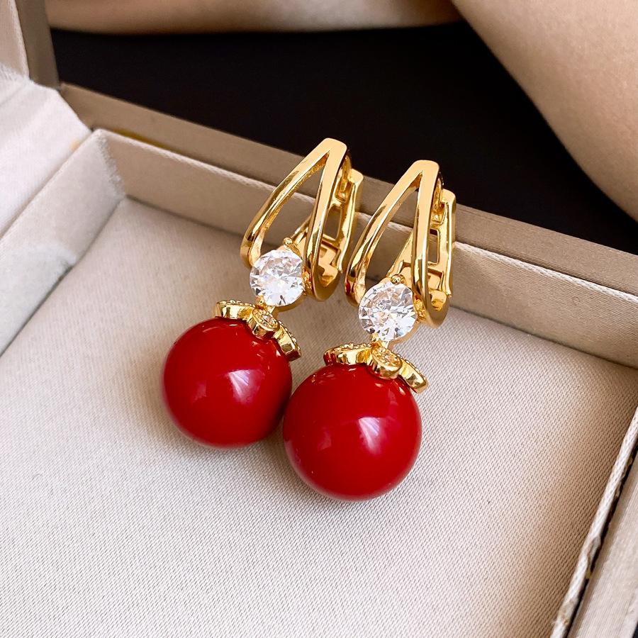 Vintage zircon geometric red resin earrings, ear buckles, exquisite temperament earrings, women