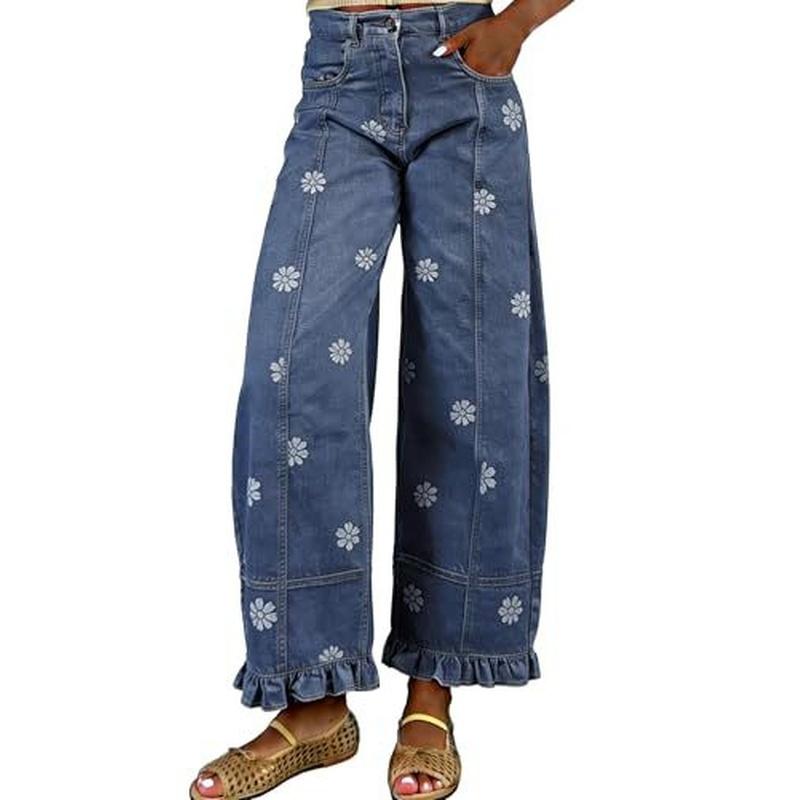Women's Vintage Floral Daisy Print Wide Leg Jeans High Waist Ruffle Hem Patchwork Loose Denim Pants