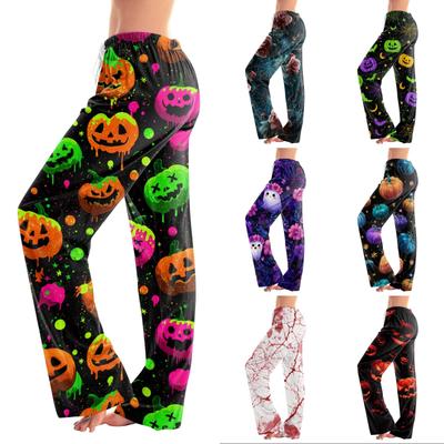 Women Loose Fit Casual Pants with Halloween Themed Floral and Spider Web Print Elastic Waistband Comfortable Lounge Bottoms