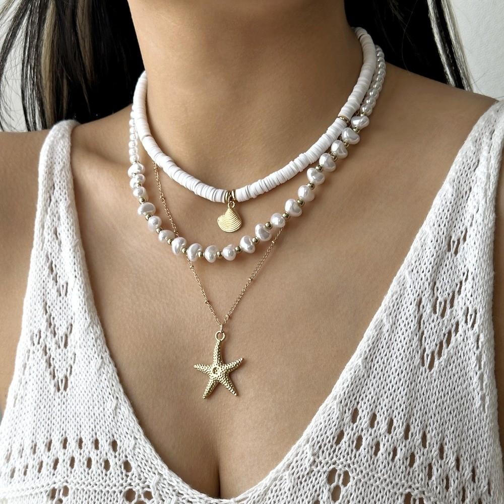 3Pcs/Set Imitation Pearl Beaded Starfish Choker Bohemian Seashell Choker Gifts