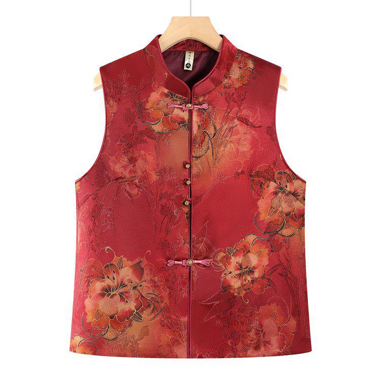 Plus Size Floral Two-Tone Stand Collar Vest for Middle-Aged and Elderly Women - Spring & Autumn Style