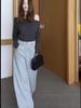 Women's Grey High-Waist Fleece-Lined Wide-Leg Pants – Spring/Autumn Casual & Warm