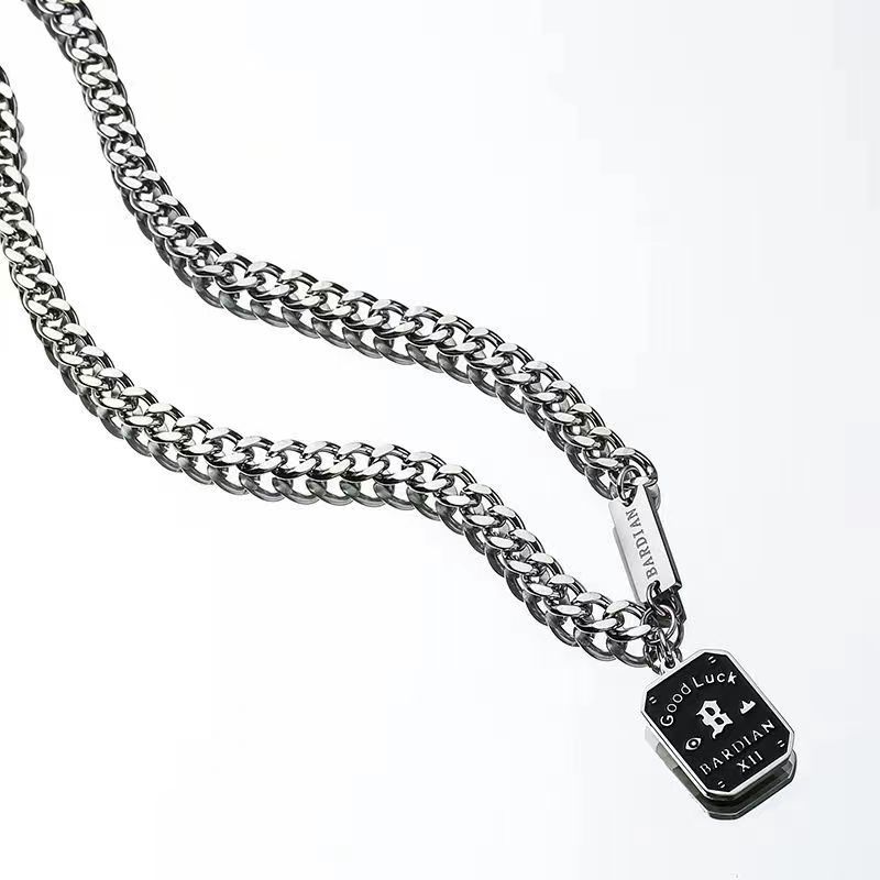 Cuban Chain Thick Chain Nameplate Letter Square Wind Necklace Hip Hop Versatile Trend Street, Titanium Steel Necklace