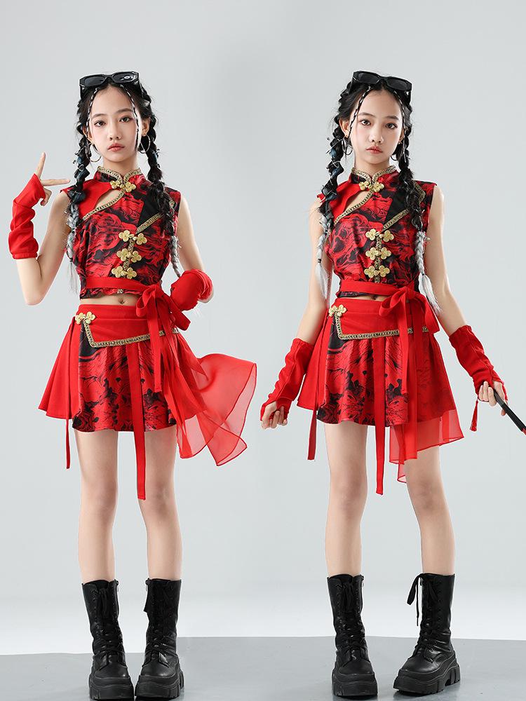 Chinese Red Dragon Jazz Dance Skirt Set - Girls' Fashion Show & Street Dance Costume