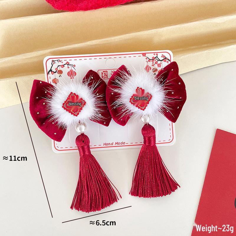 Chinese Style Children s New Year Red Bow Hanfu Headband & Cute Double Bun Hair Clip