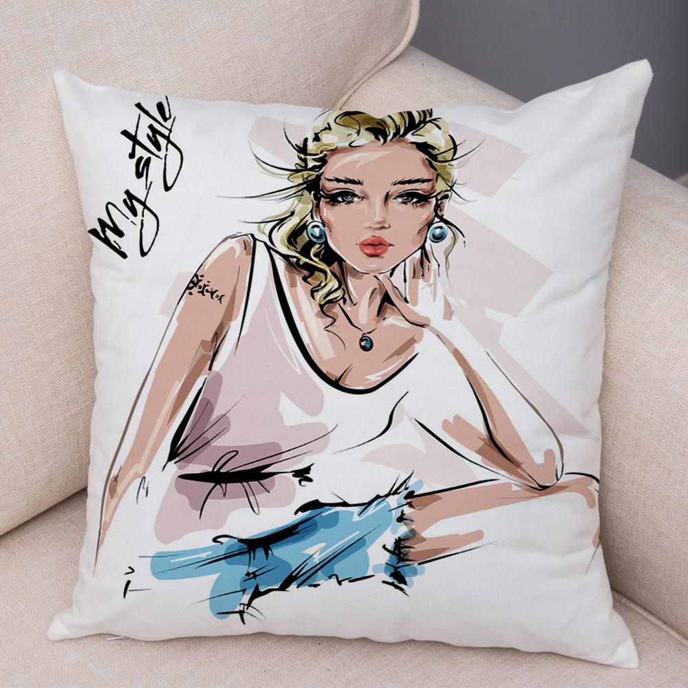 Boho Woman Art Pillowcase Double Print Fashion Lady Cushion Cover Soft Plush Portrait Pillowcase Bedroom Decor