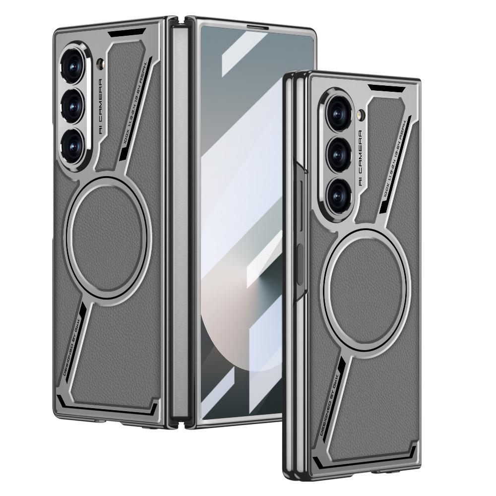 Samsung Fold6 Mobile Phone Case Electroplated Magnetic Wireless Charging Business Model Z Shaped E Sports Plain Leather Protective Case