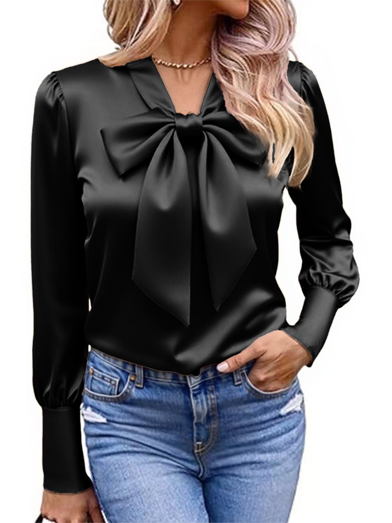 

Autumn 2025 Women s Solid Color Bow Satin Long Sleeve Top XXL чорний