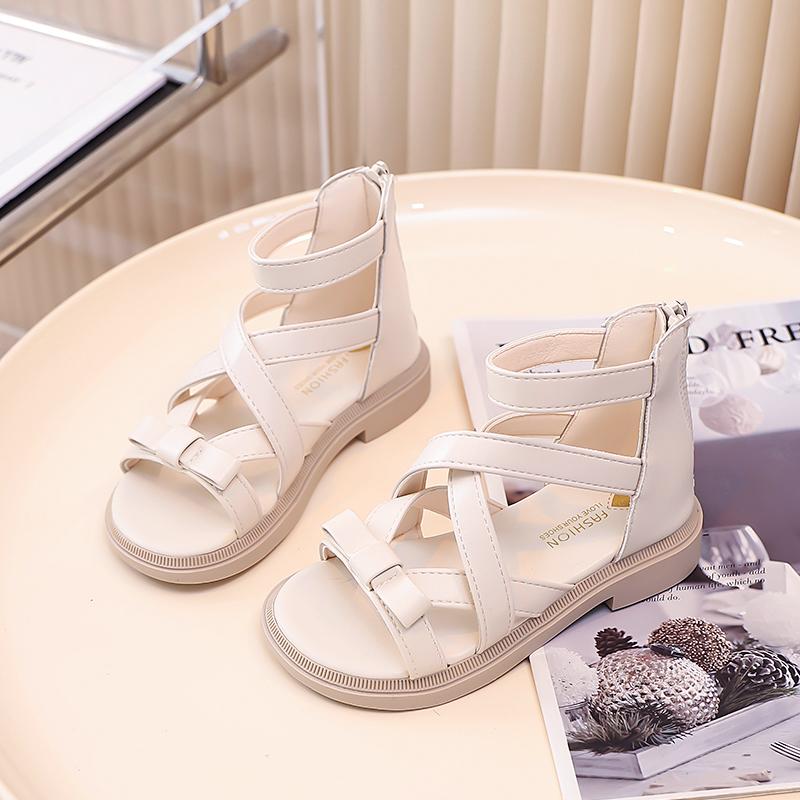 

Girls Sandals Back Zipper Kids Roman Sandals Soild Color Versatile 2025 Summer New Children Princess Shoes Simple Bowtie Sweet 26 бежевый