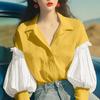 VONDA Women Lapel Neck Long Sleeve Striped Patchwork Buttons Up Loose Shirts Blouse