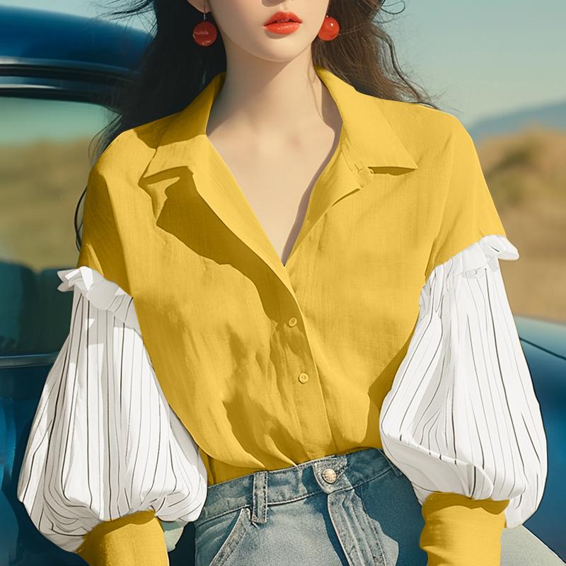 

VONDA Женские модные рубашки с лацканами, в полоску, с длинным рукавом, контрастные 5XL жёлтый