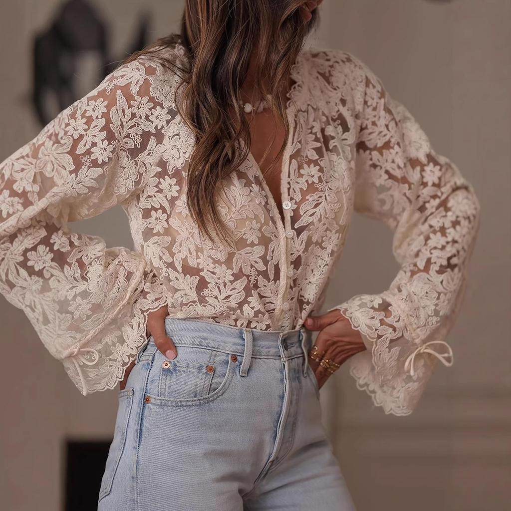2025 Korean & Japanese Style Women's Hollow Lace Casual Shirt