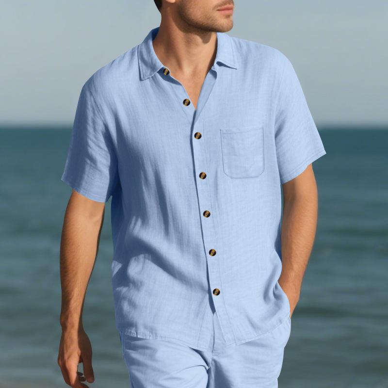 Summer Men's Lapel Shirt Woven Solid Color Simple Loose Casual Short-sleeved Shirt