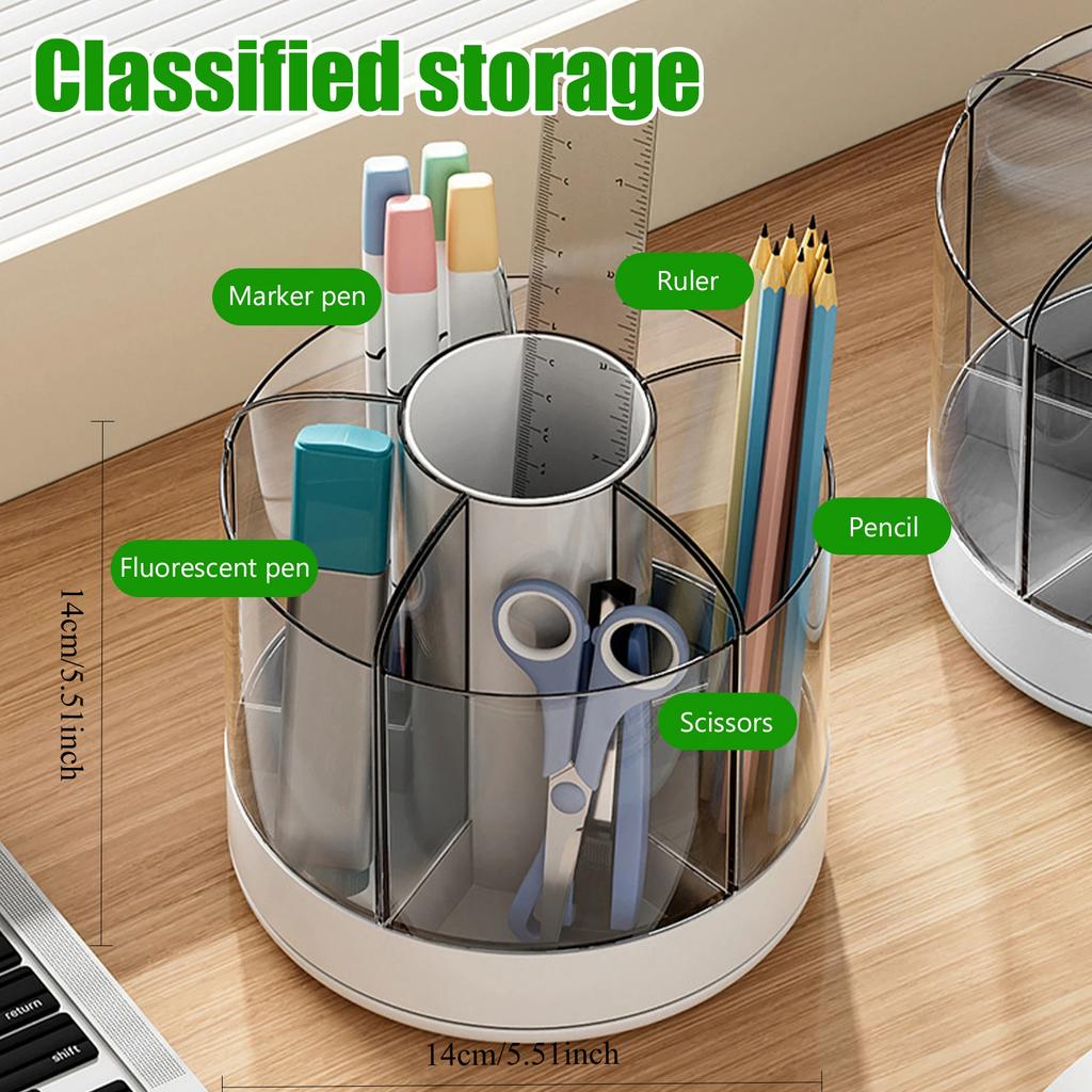 360° Rotating Pencil Organizer Large Capacity Round Desktop Storage Holder with 6 Compartments Cosmetic Brush Organizer