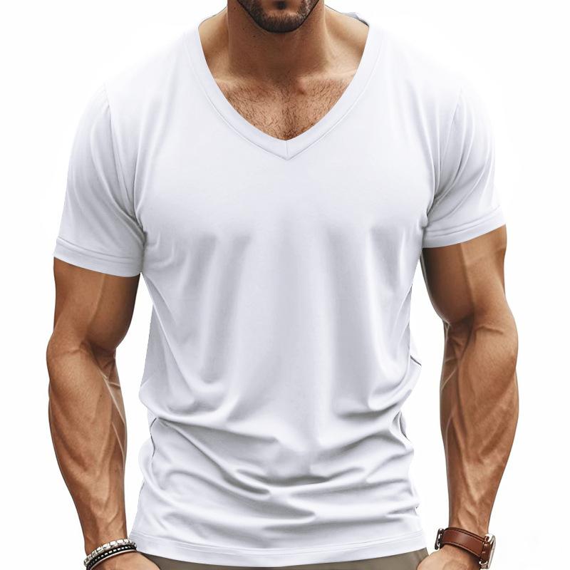 Herren T-Shirt mit V-Ausschnitt, lässig, Slim Fit, kurzärmelig, weich, leicht, einfarbig