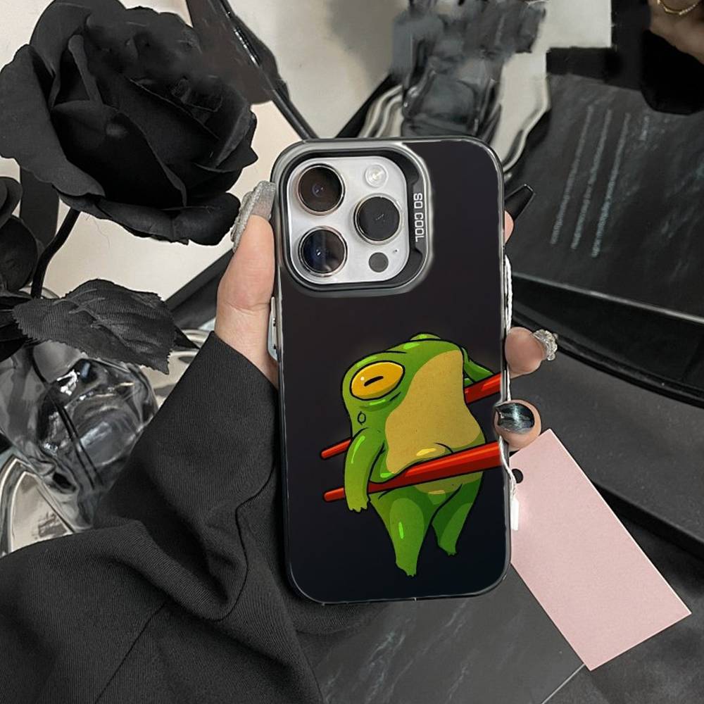 Frog Cartoon Phone Case For iPhone17, 16,15,14,13,12 Pro Max Black Candy Matte Shockproof Cover