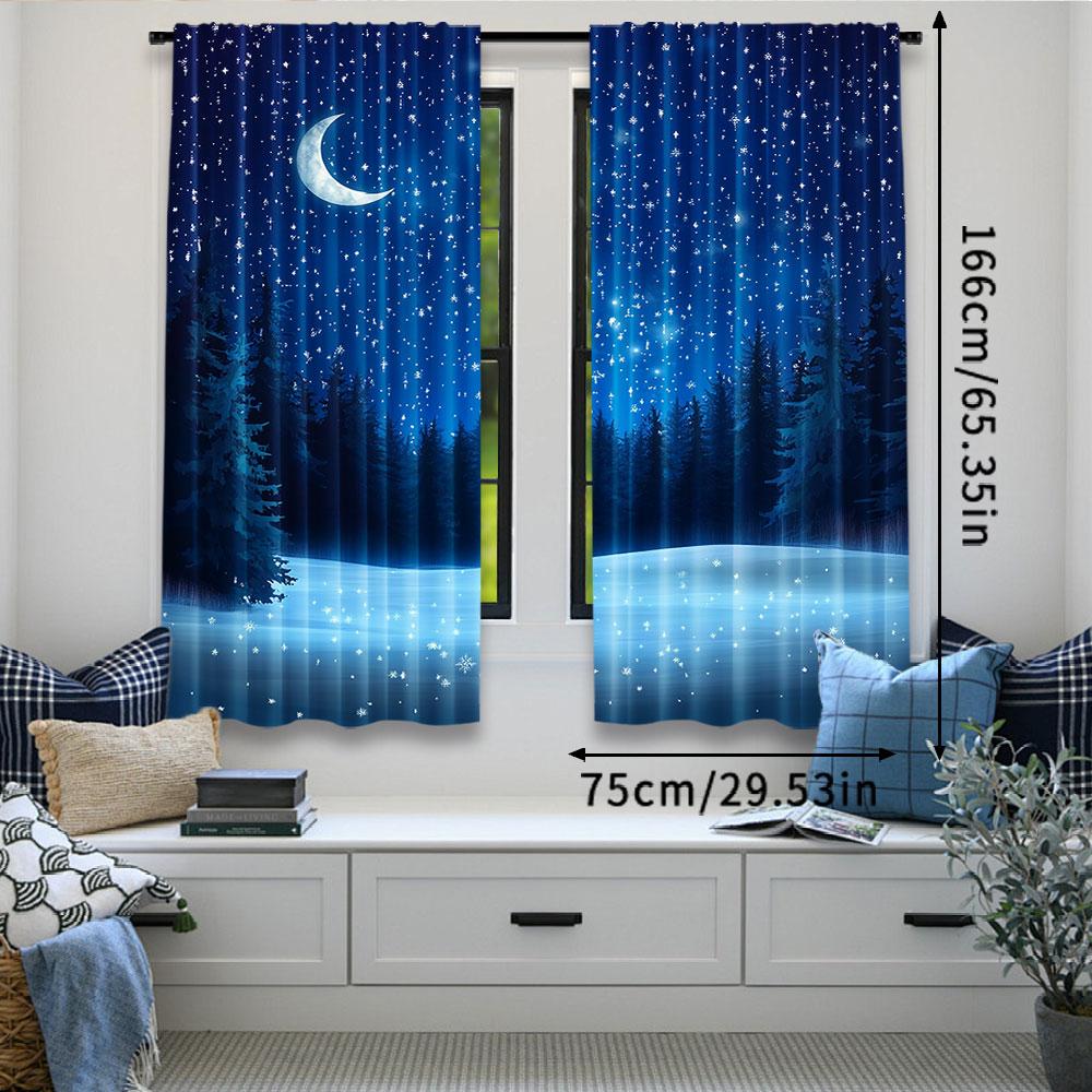 2Pcs Moon Curtain Winter Season Wonderland Starry Sky Night Forest Landscape Scenery For Bedroom Living Room And Dining Room B