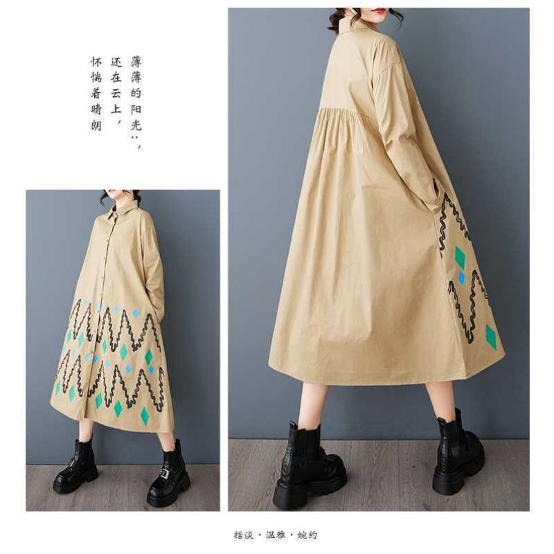 Loose Large Size Printed Splicing Casual Simple Sweetheart Long Sleeve Dresses