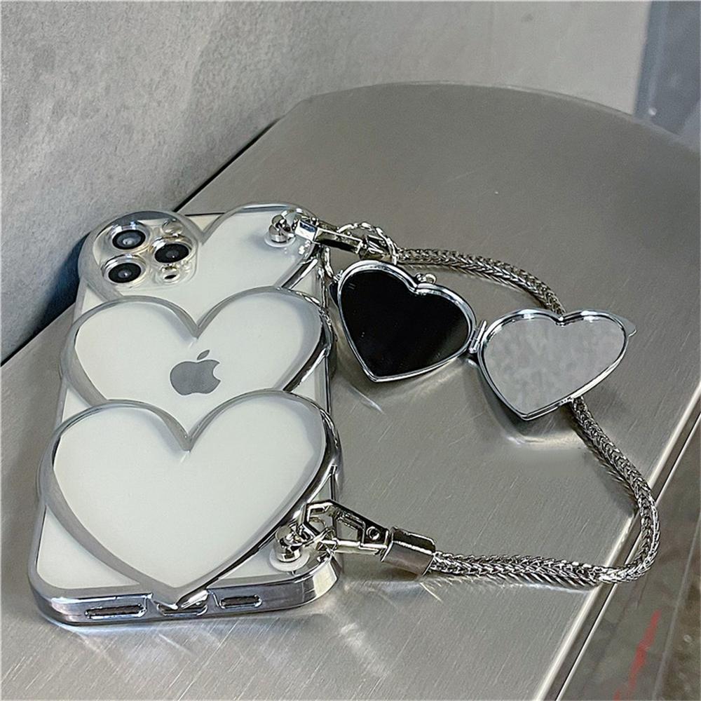 Luxury Stylish Silver Love Heart Mirror Portable Bracelet Case For iPhone 13 12 14 15 16 Pro Max 11 Plating Love Aesthetic Cover