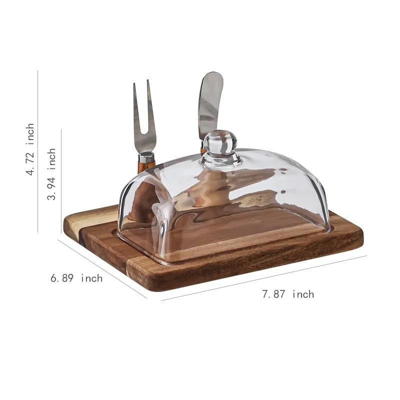 Acacia Wood Glass Cover Butter Box Cheese Plate with Knife Butter Plate Wooden Dessert Plate Cake Pastry Tray Kitchen Utensils