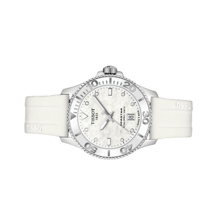 Tissot Seestern-Kollektion Quarzwerk 300 Meter Wasserdichtigkeit Damenuhr Weißes Zifferblatt T120.210.17.116.00