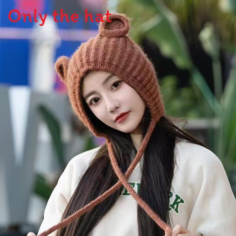 Bear Cute Knitted Hat With Ear Protection And Solid Color Design For Cold Daily