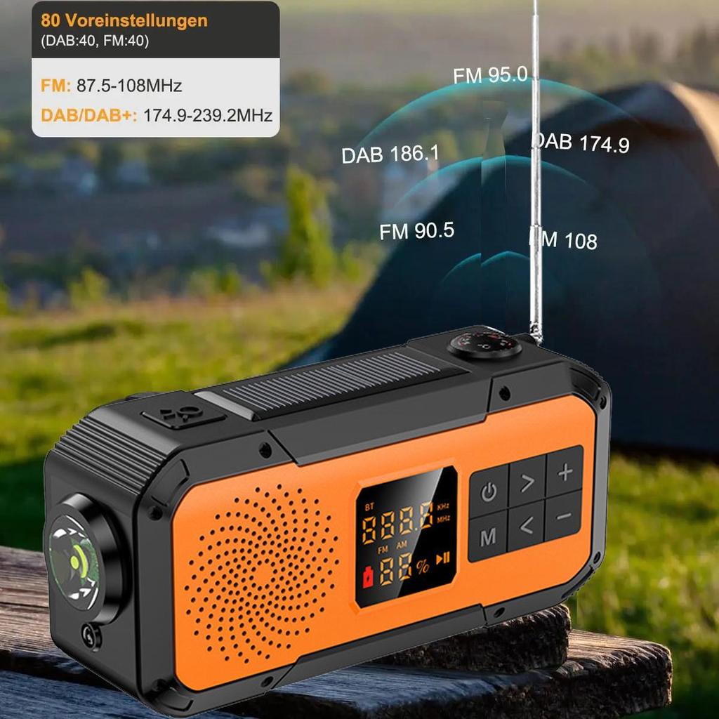 Multifunkční nouzové FM AM rádio Bluetooth reproduktory 5000mAh PowerBan DAB+ rádio Ruční klika Solární USB nabíjení
