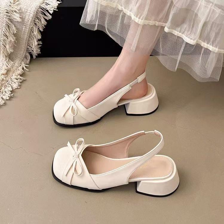 French Bow Thick Heel Bag Head Sandals Women's Summer 2025 New with Skirt Temperament Medium Heel High Heel Single Shoes