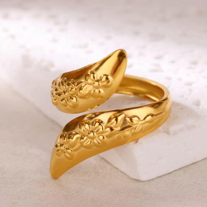 Geometric Flower Pattern Open Rings  Women Gold Color Stainless Steel Geometric Ring Jewelry Gift