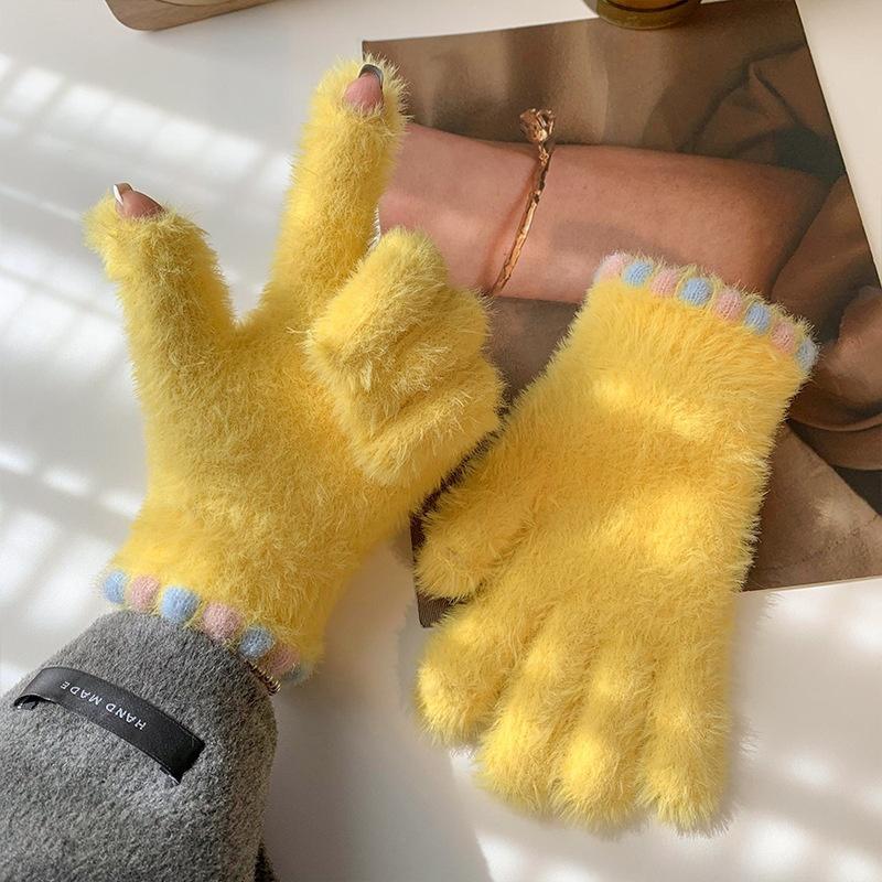 Cute Open Finger Touch Screen Plush Five Finger Gloves For Women In Winter, Warm And Thick Velvet For Cycling Students