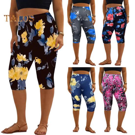 Women Cropped Pants Elastic High Waist Digital Flower Print Mid-calf Length Pants Tight Fit Cropped Trousers