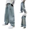 Jeans in pile da ragazzo, jeans dritti strappati, jeans larghi regolari elasticizzati in vita per bambini e inverno