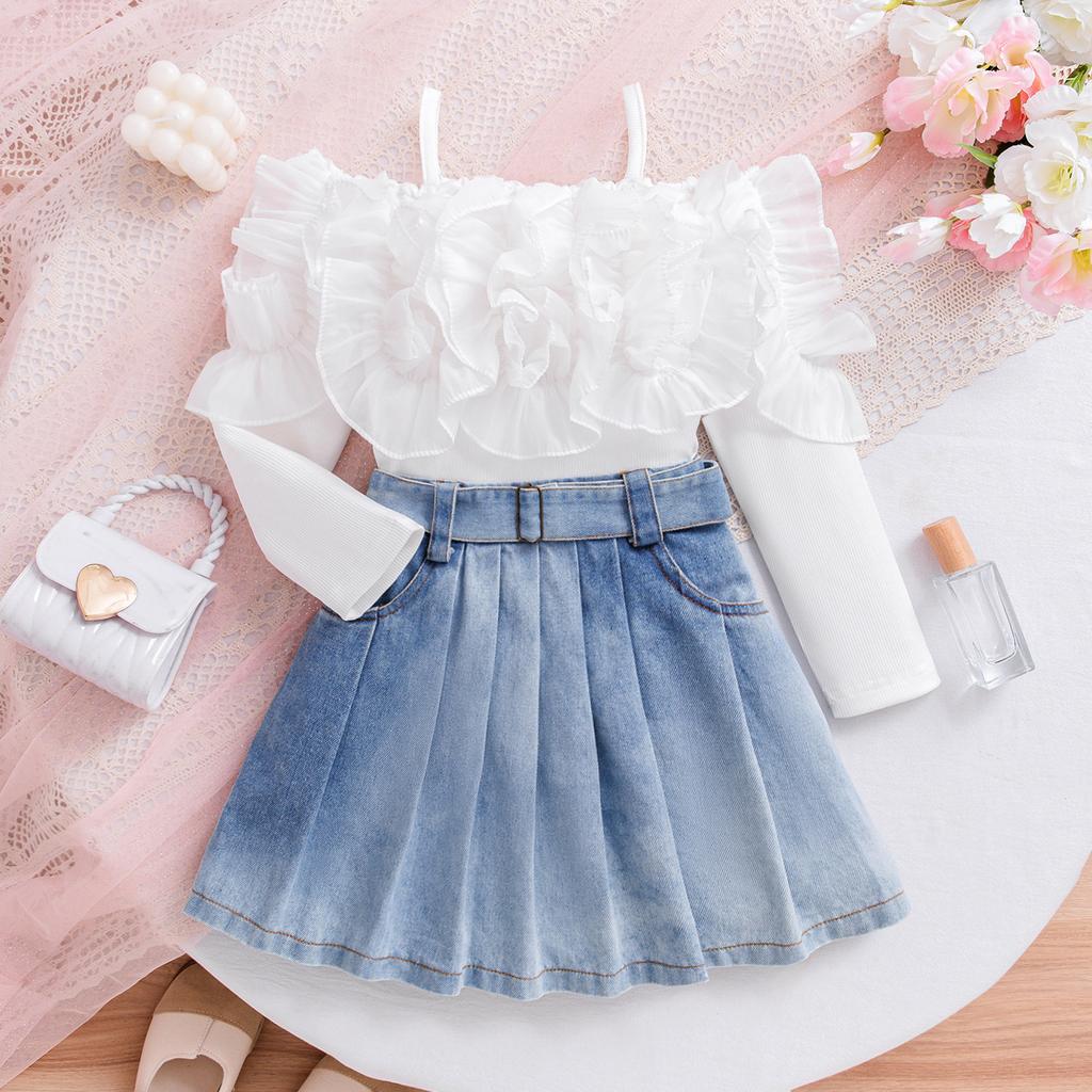 Girls' Fashionable Set Summer Children's Elegant Solid Color One-shoulder Strappy Long-sleeved Pleated Skirt Set