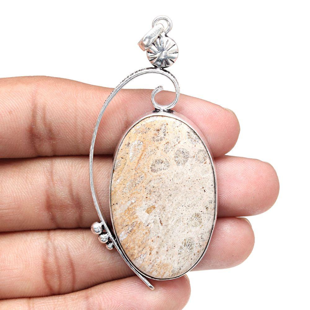 Necklace Fossil Coral Gemstone Handmade Silver Jewelry 3"