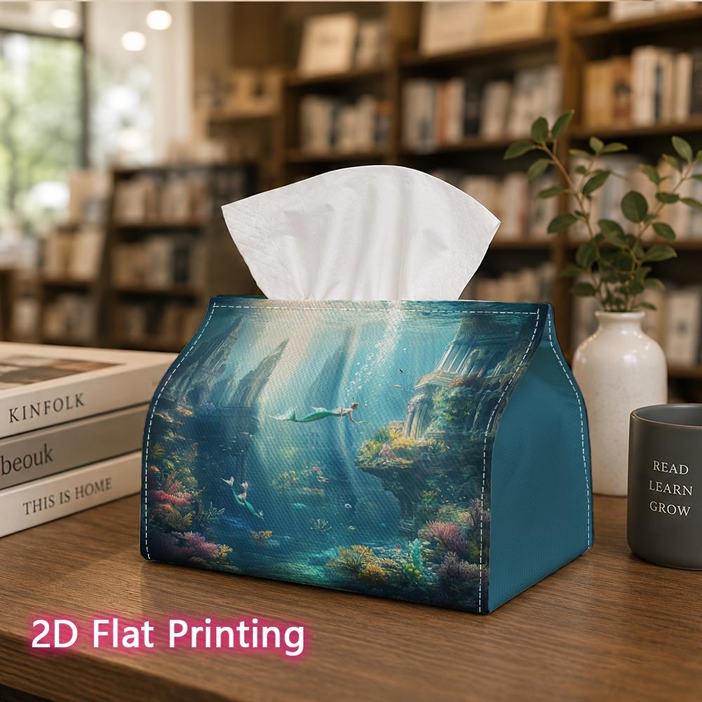 1pc, 2D Flat Printing, Tissue Box Water Blue Fantasy Mermaid Paradise Pattern Printed Tissue Box, Suitable for Bathrooms, Living Rooms, Bedrooms, Dres