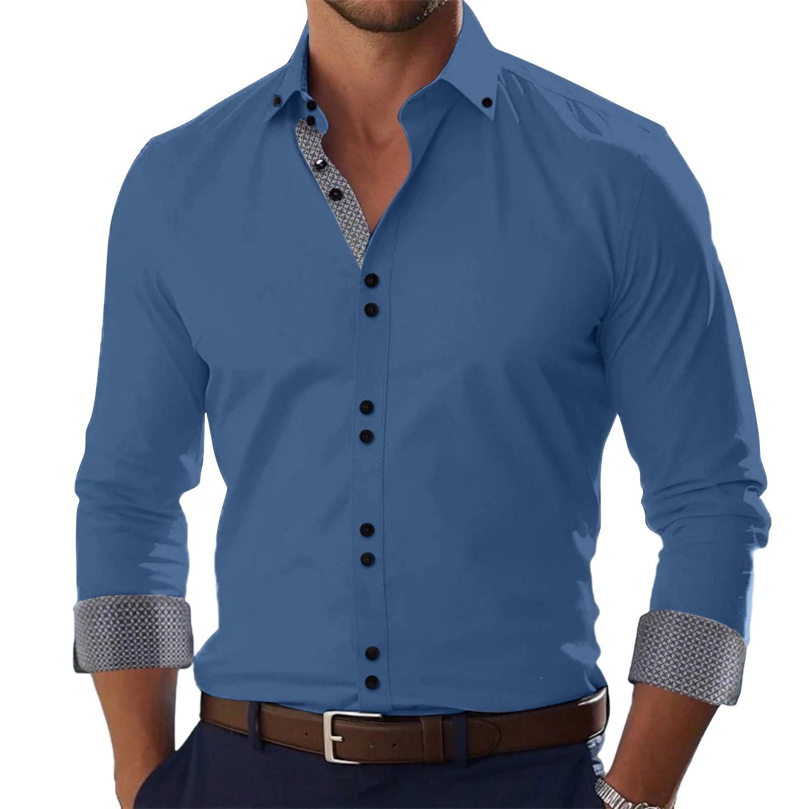 Men Long Sleeve Button Down Shirt Slim Fit Contrast Collar Cuffs Classic Spread Collar Casual Business Top L синий