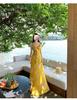 French beautiful lotus leaf edge yellow print v-neck suspender dress fairy seaside atmosphere vacation style dress