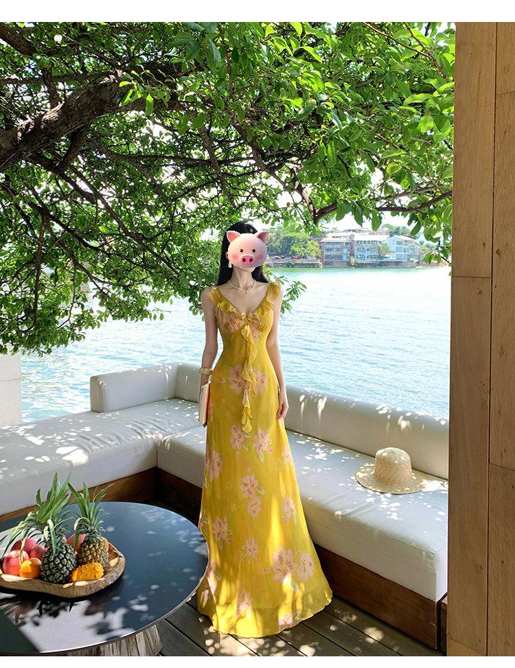 French beautiful lotus leaf edge yellow print v-neck suspender dress fairy seaside atmosphere vacation style dress