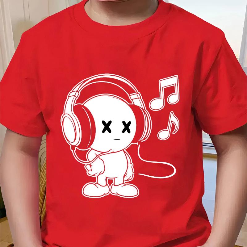 100% Cotton Fashion Boys' Short Sleeve T-Shirt with Cool and Cute Cartoon Headphone-Wearing Kid Print