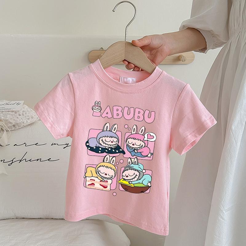 Labubu Children's Pink T-shirt Cartoon Anime Summer Short Sleeved Girl Fashion Cute Top