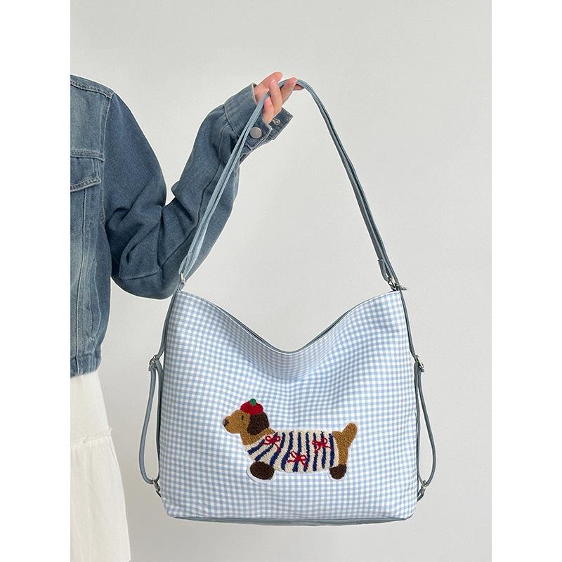 

Новая сумка-тоут в клетку с изображением таксы и милого щенка, рюкзак с вышивкой, большая вместимость, сумка через плечо синий